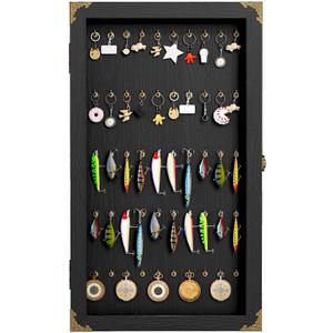 Keychain Display Case Cabinet, WallMounted Wood Organizer for Keyrings, Pocket Watches, Fishing Lures, Baits, Medals, Pins & Collectibles, for Home Office Garage Study Dcor,24.4"x14.2"x2.6"