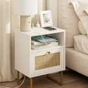 Masupu Rattan Nightstand with Charging Station,Modern Boho Farmhouse Wood Bedside Table with Storage Drawer and Open Shelf,Small Gold Frame Side End Table for Bedroom,Living Room,Office White (Normal Size)