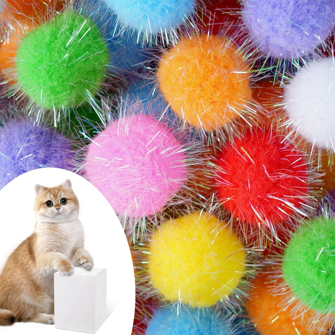 DF DUALFERV 60 Pcs Cat Pom Pom Balls, Interactive Cat Toys, Sparkle Balls for Cats, Extra Large and Fuzzy for Exercise and Entertainment, Multicolor, 1.5 Inch (60)