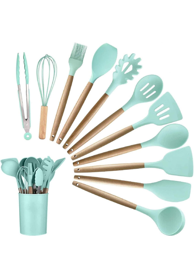 12PCS Kitchen Utensil Set Silicone Cooking Utensils Kit Spatula Heat Resistant Wooden Spoons Gadgets Tool for Non-Stick Cookware