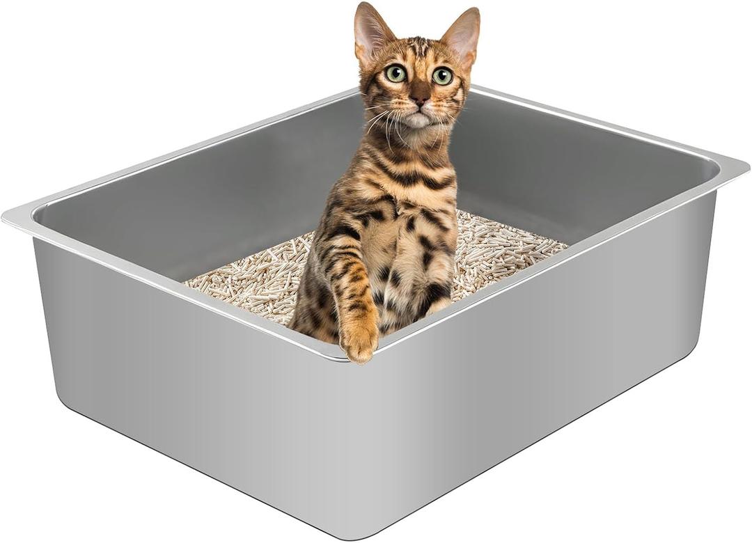 Stainless Steel Cat Litter Box for Large Cats - 17.5"x13.6"x6.1" High-Sided Metal Tray, Anti-Splash & Odor Resistant, Durable Rustproof Design, Easy to Clean 2Pcs