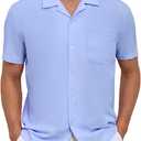 Men's Short Sleeve Button Down Shirt Cuban Collar Anti-Wrinkle Shirt Casual Summer Beach Shirt (Large, Light Blue)