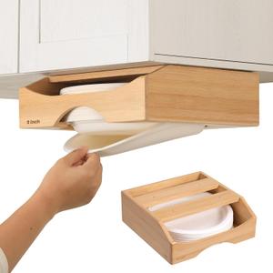 9-inch Paper Plate Dispenser Under Cabinet, Bamboo Paper Plate Holders, Kitchen Counter Vertical Plate Dispensers Holders Countertop Caddy(For 9-inch Plates, Bamboo)