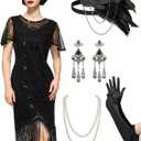 SWEETV Great Gatsby Lace Neck Flapper Dress - 1920s Dress for Women With Sleeve - Roaring 20s Costume (XX-Large, Black)