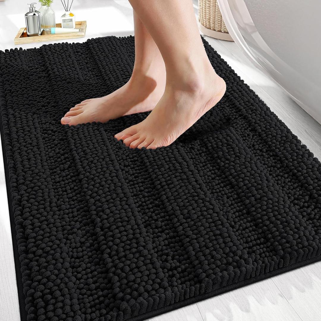 OLANLY Thick Bathroom Rugs 30x20, Extra Soft Absorbent Chenille Striped Bath Rugs, Rubber Backing, Machine Wash Dry, Bath Mats for Bathroom Floor, Tub and Shower, Home Decor Accessories, Black