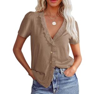 Floral Find Womens Short Sleeve Button Down Tops Casual Summer V-Neck Lace Trim Blouse Cute Tee, Coffee, X-Large (Beige, XL)