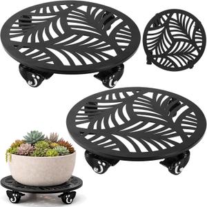 12" Metal Plant Caddy with Wheels Set of Two Large Heavy-duty Rolling Plant Stands with Casters Wheeled Planter Dolly Pot Mover Rollers Rust-proof Round Garden Trolley Coasters for Indoor Outdoor Use