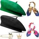 SATINIOR 6 Pieces Wool Beret Hat with Silky Scarf Brooch Solid Color French Beanie Hat for Women (Grass Green, Black)