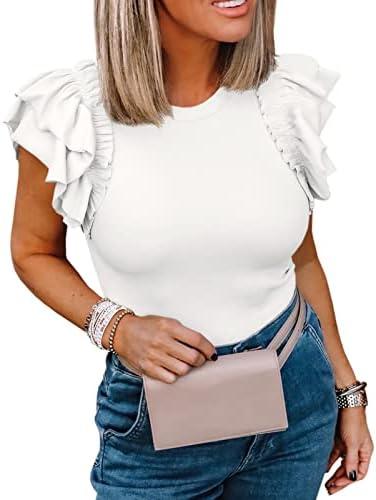 Womens Ruffle Short Sleeve Shirts Slim Fit High Neck Knit Ribbed Tops, Medium
