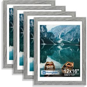 12x16 Picture Frame Set of 4, 12 x 16 Grey Wood Style(Mat 11x14), 12X16 in