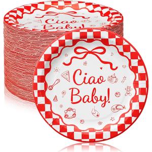 LemonRoad 100 Pcs 7 Inch Ciao Baby Party Plates Ciao Baby Shower Decorations Red and White Gingham Paper Plates Italian Newborn Party Supplies