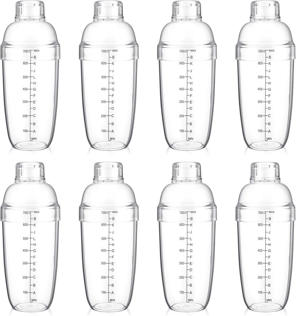 8 Pcs Plastic Cocktail Shaker Drink Mixer with Scales and Strainer Top Clear Shaker Cup with Measurement Plastic Bar Mixing Tool for Tea Coffee Bubble Tea Milk