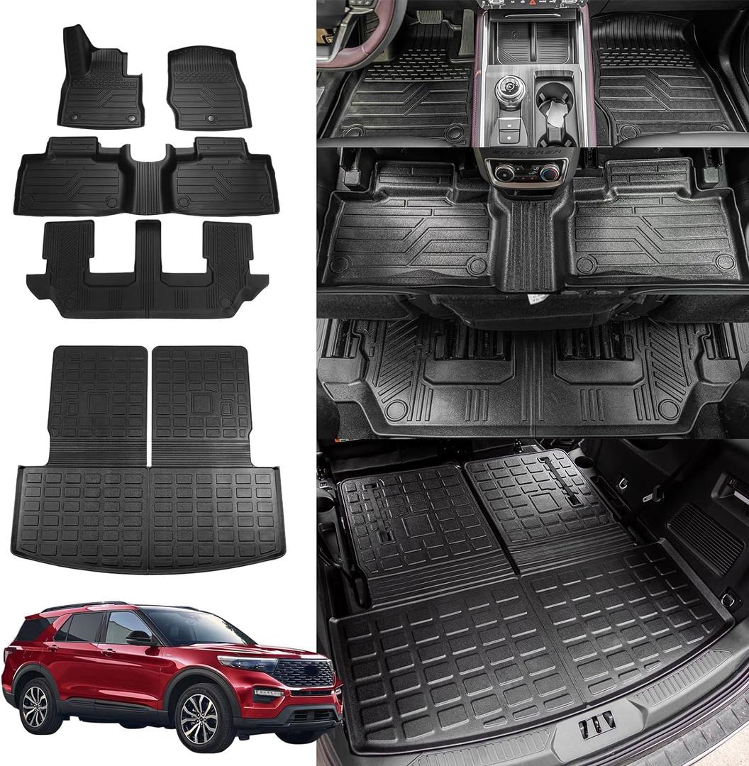 Rongtaod Floor Mats Compatible with 2020-2025 Ford Explorer 7 Seats Cargo Mat Cargo Liner Trunk Liner Back Seat Cover Protector 2024 Explorer Accessories (Trunk Mat with Backrest Mat+Floor Mats) (Compatible with 7 Seats Explorer)