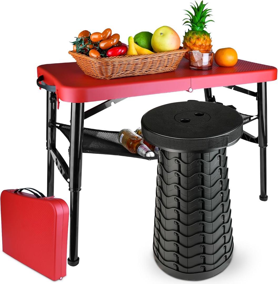Portable Folding Table and Stool Set, Lightweight Foldable Table & Collapsible Stool for Camping Picnic Beach Fishing, Sturdy Small Outdoor Set with Mesh Layer Storage, round, 29-inch diameter, 19.7-inch height