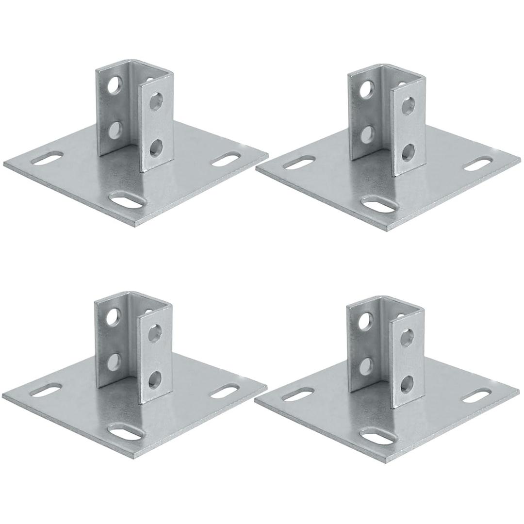 4Pcs Post Bases Strut Post Base Single Channel - Heavy Duty Galvanized Zinc Plated Square for Single Channel Fence Post Base - Side Orientation - 6-inch x 6-inch Base (4), Silvery