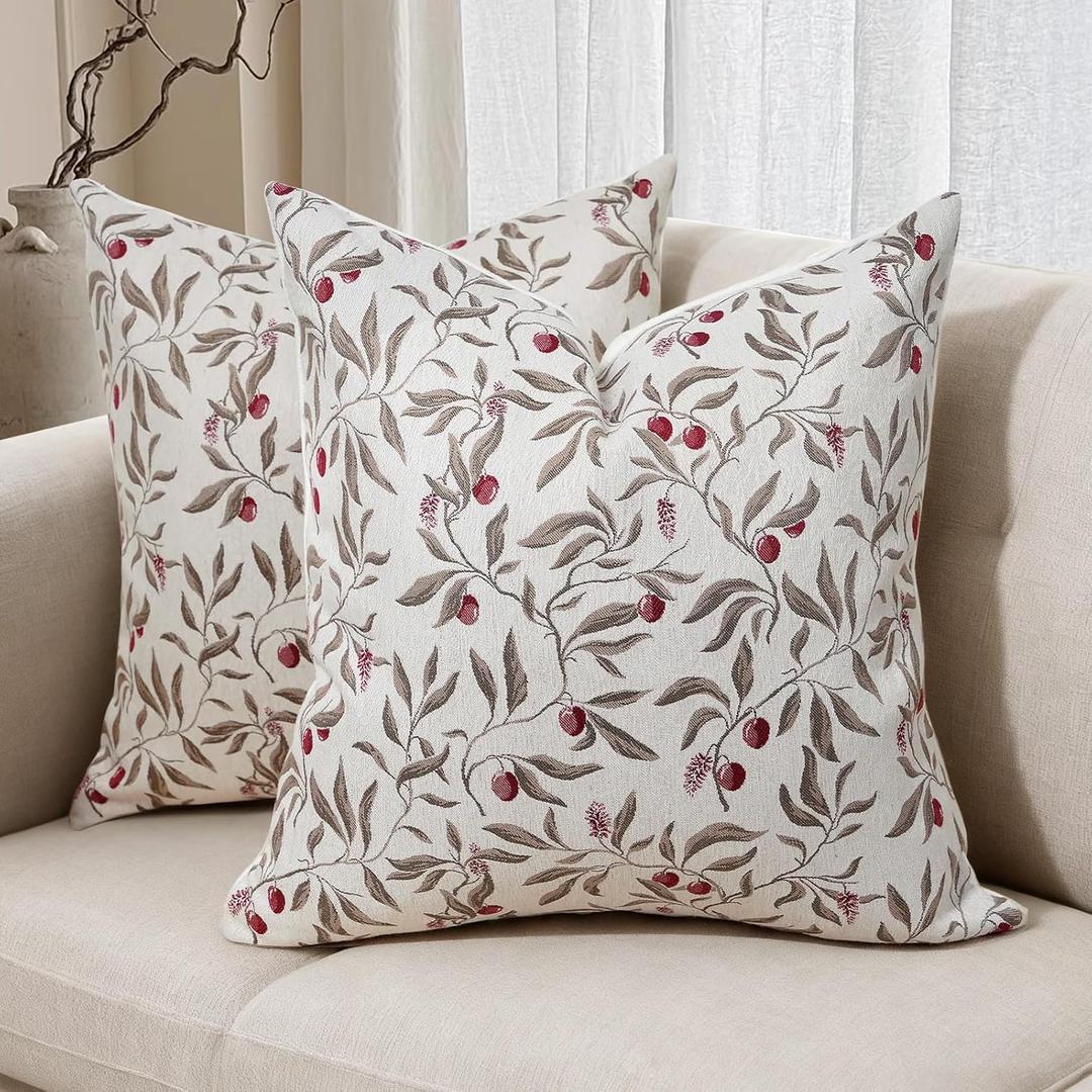 makkey Throw Pillow Covers Set of 2 18x18 Fall Farmhouse Neutral Floral Pillow Covers Square Decorative for Sofa Bed Living Room Home, Red Cherry