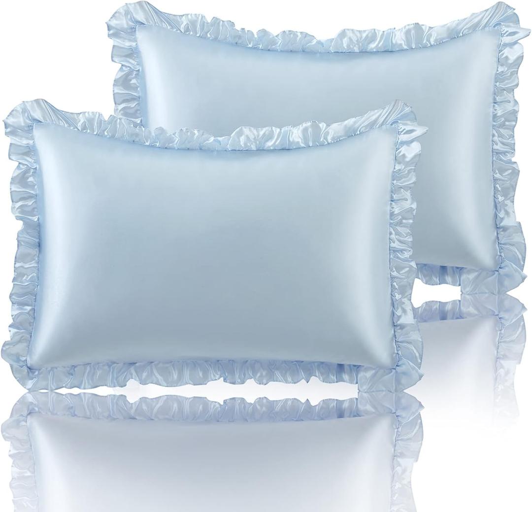 SiinvdaBZX Ruffled Standard Satin Pillowcase Set of 2, Baby Blue Silky Satin Pillow Cases for Women Ruffle Pillow Shams Covers Princess Room Decoration, with Envelope Closure