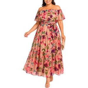 Plus Size Chiffon Off The Shoulder Maxi Long Floral Summer Casual Beach Boho Sundress Women 2024