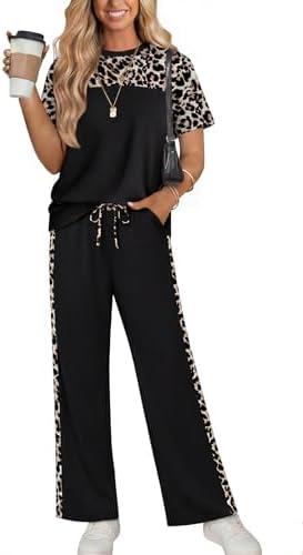 WIHOLL Two Piece Sets for Women Summer Lounge Matching Sets Clothing Beach Vacation Travel Spring Outfits Wide Leg Pants Set, L
