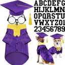 Huhumy 5 Pcs Dog Graduation Costume Set Include 2026 Pet Graduation Gown with Stole Puppy Grad Cap Lensless Glasses DIY Letter Stickers for Dogs Cats Holiday Costume Accessory(Purple Yellow,L)