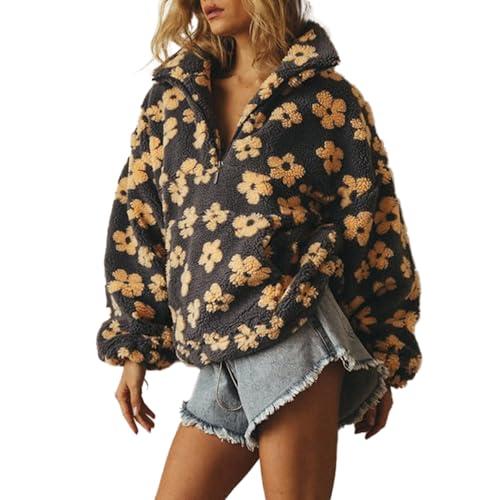 GOTHPICKUS Womens Floral Fleece Sherpa Jacket Half Zip Up Fuzzy Oversize Pullover Sweatshirt Cozy Y2K Faux Fur Trendy Jackets (Black,Large)