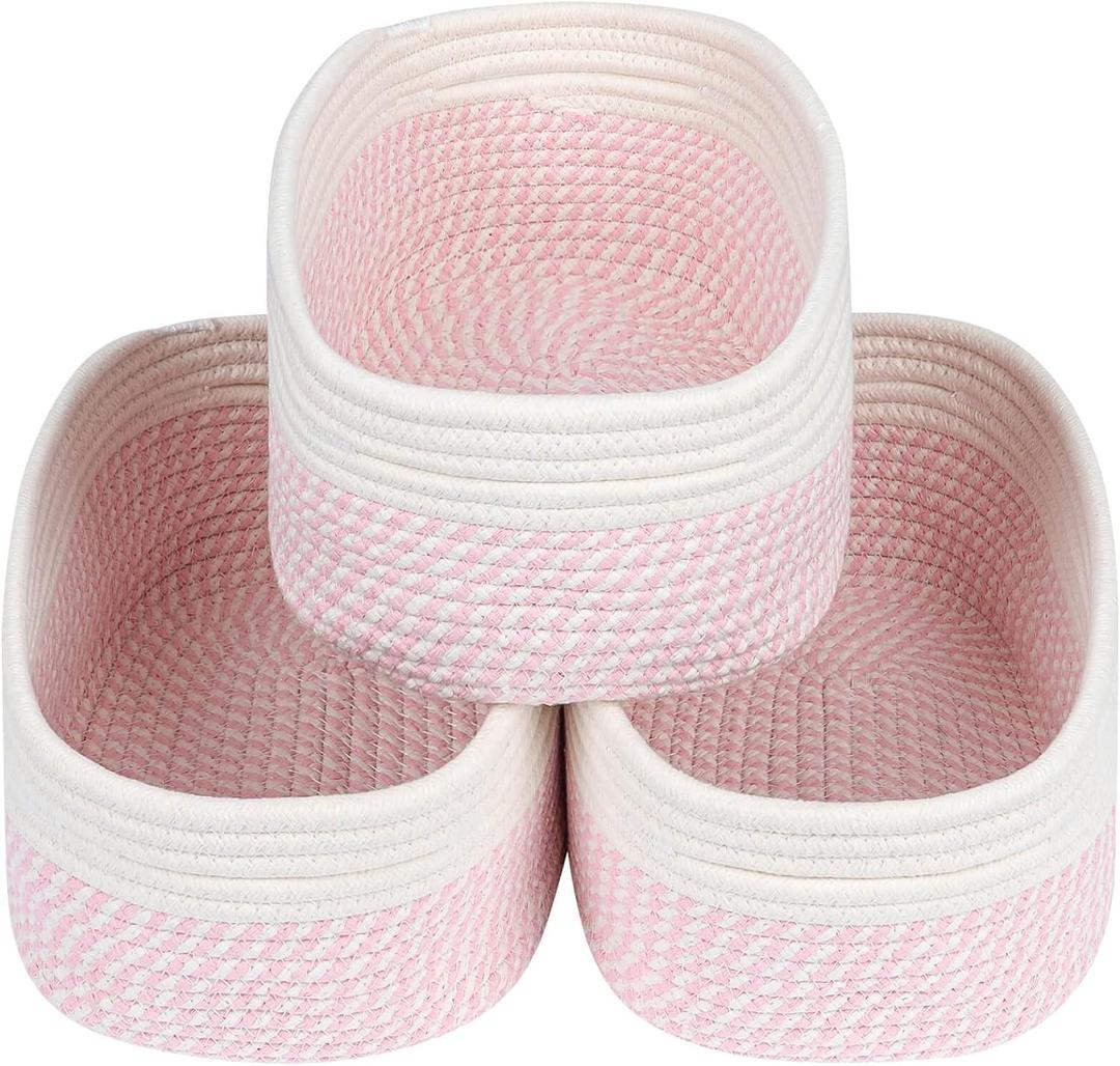 CubesLand Rectangle Organization/Storage Basket, Natural Cotton Rope Woven Baskets for Organizing, Small Basket for Kids, Baby Nursery, Cat Dog Toy Baskets, Organizer Bins for Shelves 3 Packs (Off White/Mixed Pink)