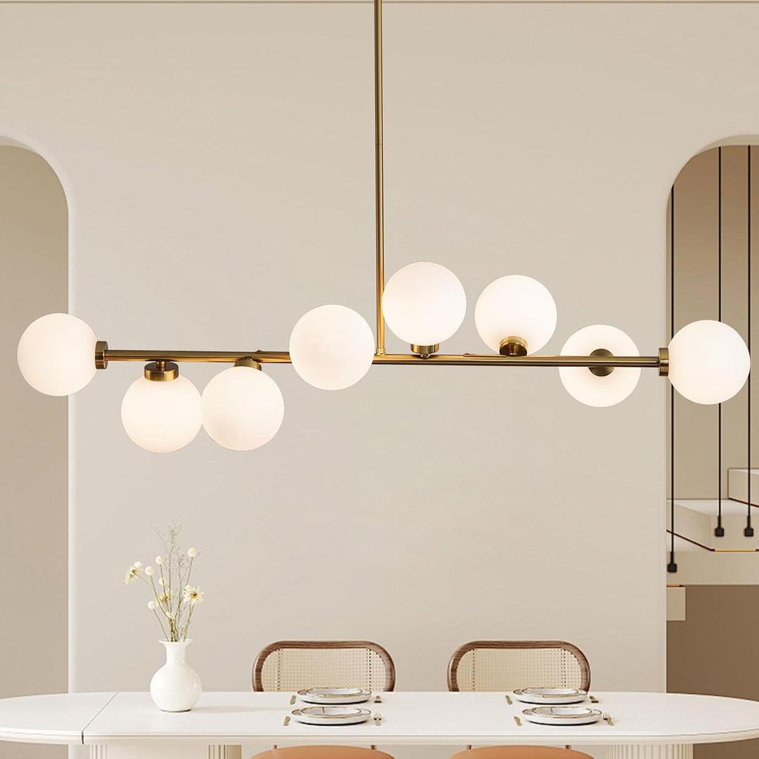 Brass Linear Chandelier, 8 Lights Modern Bubble Chandelier with White Glass Lampshade, Mid Century Globe Pendant Lights for Dining Room Kitchen Island - Gold