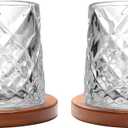 Rotatable Old Fashioned Glass Cup, 275ml/10oz Crystal Whiskey Glass Set of 2, Wood Coaster, Thickening, Used as Rum Glass Cup, Cocktail, Coffee, Milk to Relax and Reduce Stress, Christmas gifts (Clear Diamond Style)