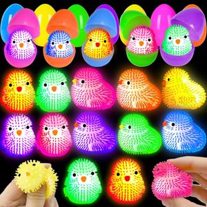 18 Pack Easter Egg Fillers Chick LED Puffer Balls , Light up Flashing Spiky Toys Bulk Glow in The Dark for Kids Boys Girls Classroom Prizes Easter Basket Stuffers Party Favors