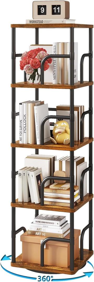 IBUYKE 5 Tier Square Rotating Bookshelf, 360 Spinning Bookcases Tower,Freestanding Corner Bookshelf with Rails,Industrial Swivel Bookcase Organizer for Bedroom, Living Room,Study,Brown,UTBC004H