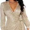 Sequin Saprkly Mini Dress Long Sleeve Homecoming V Neck Bodycon Dress Party Prom Cocktail Glitter Dress (Beige, XL)