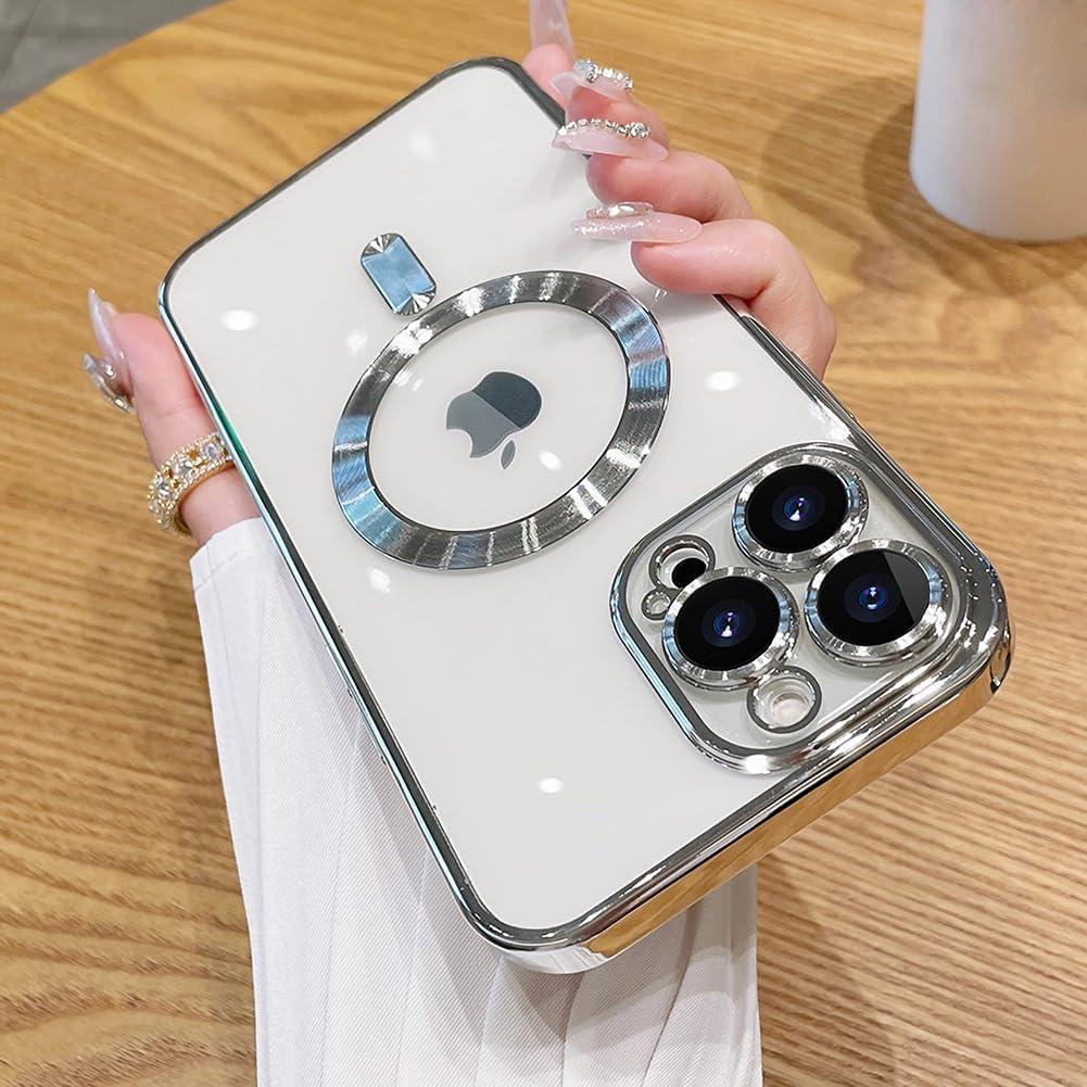 ZIYE Magnetic Case Made for iPhone 15 Pro Max 6.7 Inch [Compatible with MagSafe] Full Camera Protection Clear Plating Luxury Phone Cover for Women Men Soft TPU Drop Protective Phone Case, Silver