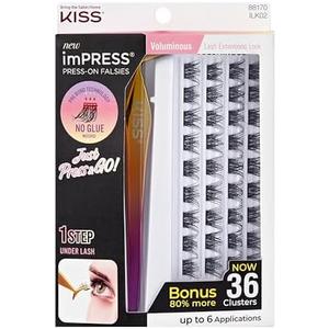 KISS imPRESS Falsies Self Adhesive Eyelashes, Press On Lashes, 12mm-14mm Glam Volume Lashes, Black, No Glue Needed, Invisible Band, 36 Lash Clusters & Non-Stick Applicator - Voluminous