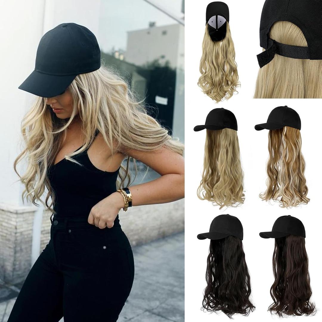 Baseball Hat Wig,Hat with Hair attached 24'' Adjustable Black Cap with Long Wavy Synthetic Hair Extensions for Women Girls(Ash Blonde Mix Bleach Blonde)