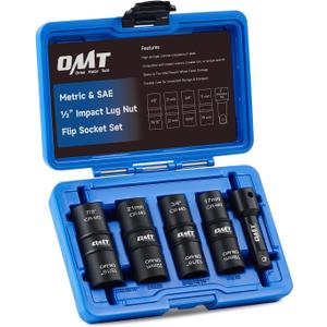 Orion Motor Tech Lug Nut Socket Set, 5pc 1/2" Drive Impact Flip Socket Set with Metric 17 19 21 22 mm & SAE 3/4 13/16 7/8 15/16 in. Sockets, Double Ended Thin Wall Nut Sockets with 3" Extension Bar
