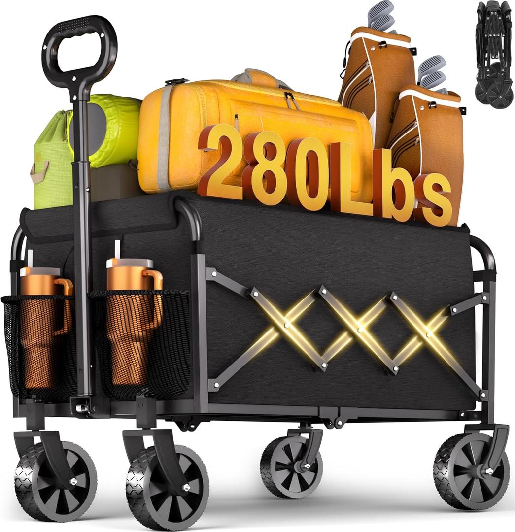 Wagons Carts Foldable - 280Lbs Collapsible Wagon Cart with Wheels Portable - Folding Wagon Lightweight for Camping, Sports, Travel, Picnic, Groceries, Shopping