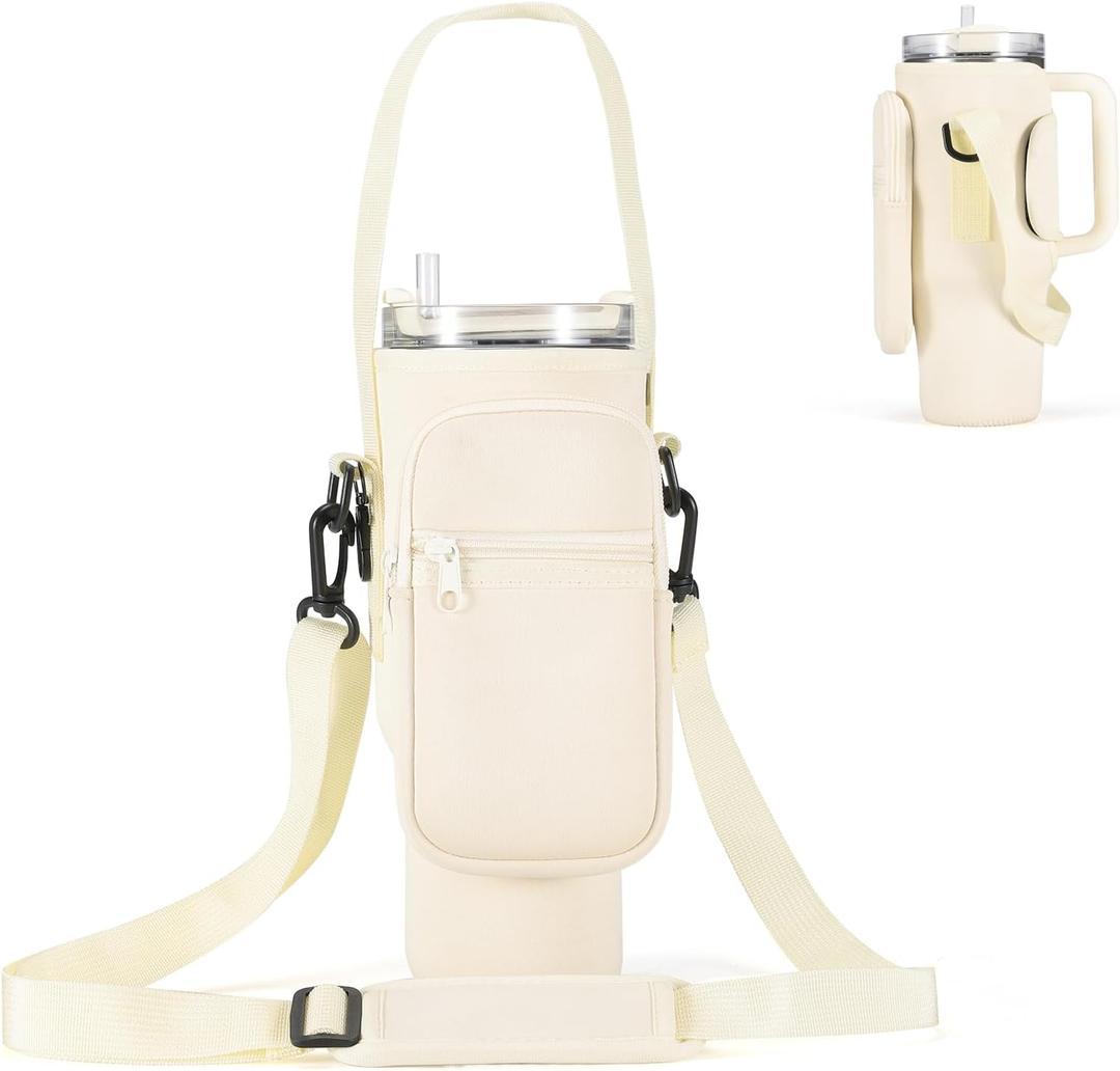 Water Bottle Carrier Bag for Stanley 40/30 oz Tumbler with Phone Pocket Neoprene Water Bottle Holder with Shoulder & Handheld Strap Stanley Cup Accessories (Creamy)