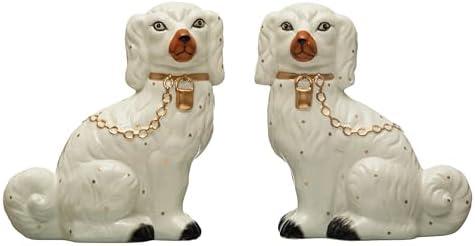 Creative Co-Op Decorative Staffordshire Dog with Collar and Leash, Set of 2, Multicolor Décor, Ivory
