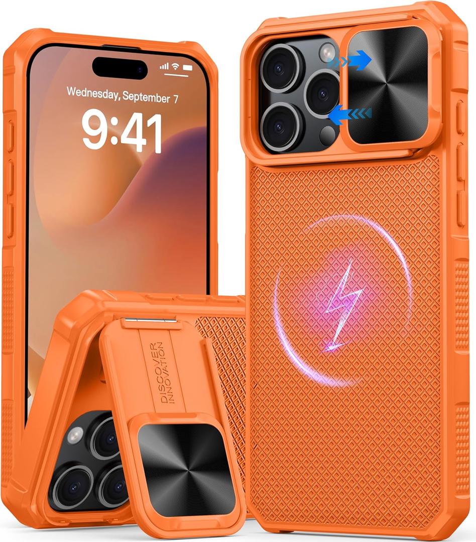 Magnetic for iPhone 16 Pro Max Case [Slide Camera Cover] [Compatible with Magsafe] [Kickstand] [Military Grade Protection] Shockproof Rugged Case for iPhone 16 Pro Max,Orange
