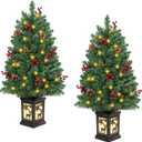 2PCS 3FT Christmas Tree with Lights Small Artificial Christmas Tree PVC Pre-lit Christmas with 78 Warm LED Tree Red Berries Pine Cone Tree for Party Indoor Outdoor Holiday Home Decoration