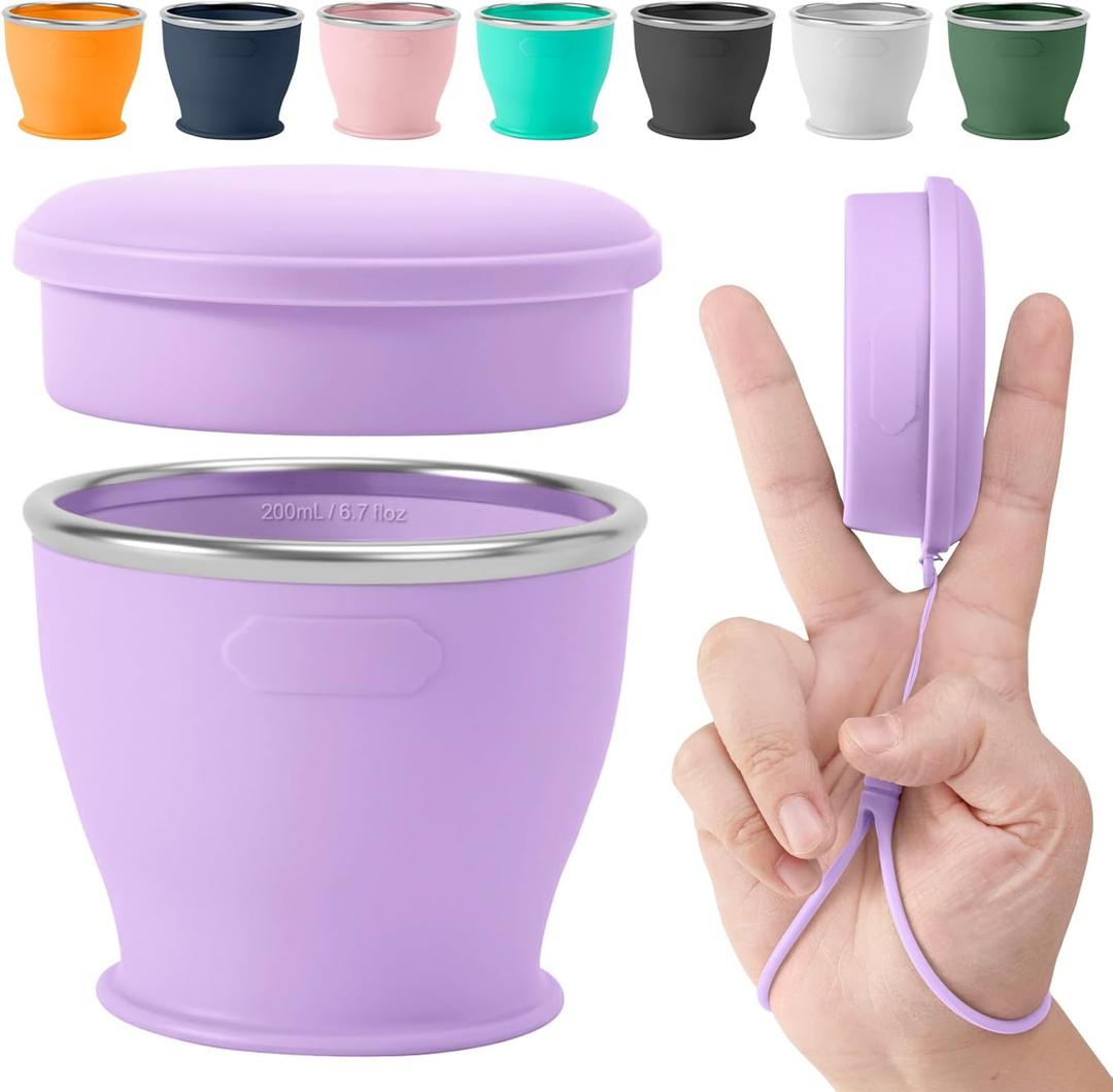 Collapsible Travel Cup, BPA-Free Reusable Water Cup, Lightweight Drinking Cups with Lids and Carrying Strap, Dishwasher Safe Silicone Cups for Camping, Travel, Airports, Hotel (6.7oz, Lilac)