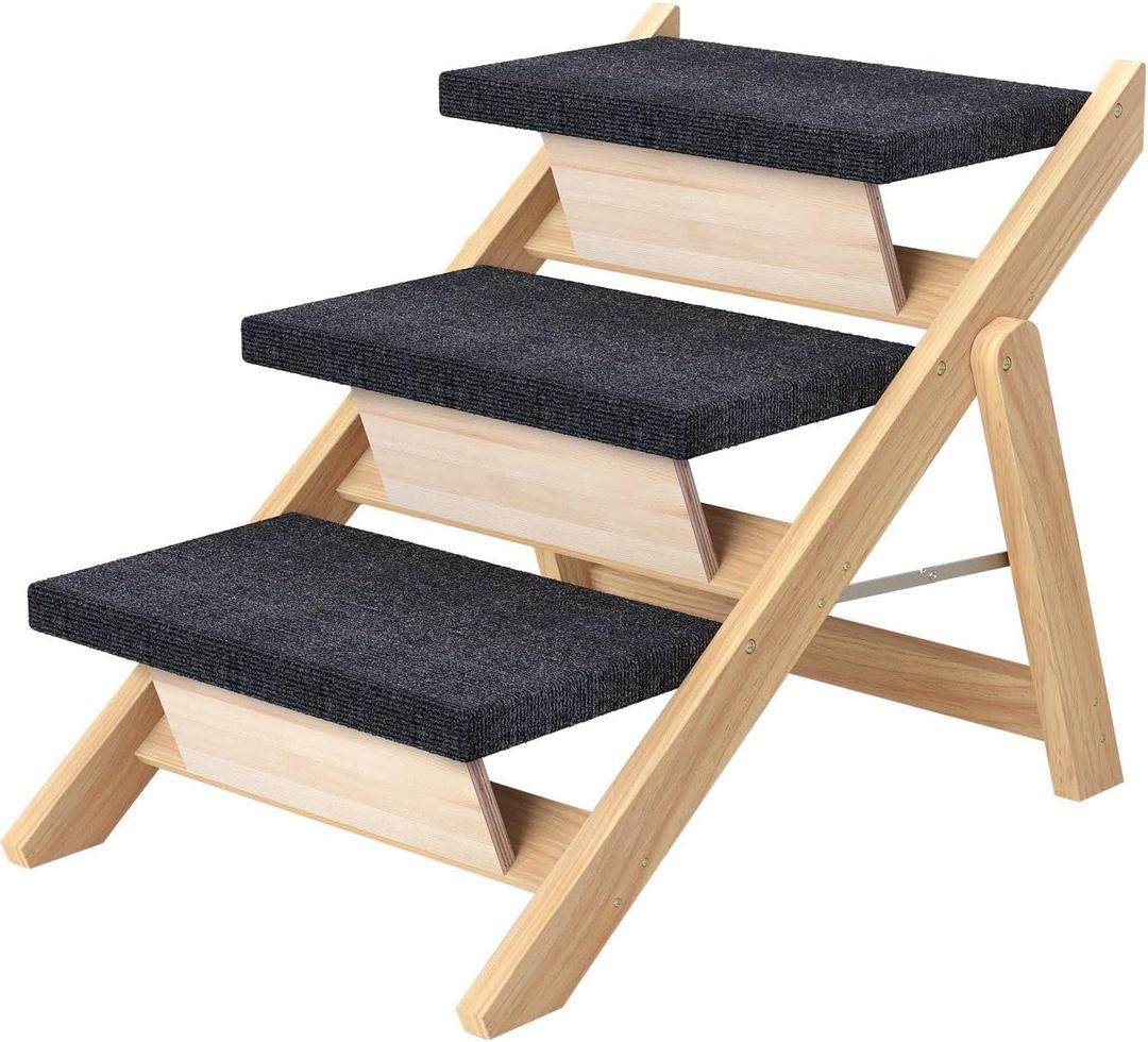 Pet Stairs/Steps, Medium Dogs Steps for High Beds, Sofa, Couch, Car, 2-in-1 Foldable Wood Dog Ramp with Non-Slip Pads, Safety, Durable Portable Dog/Cat Ladder Up to 110 lbs, 3 Steps (3-Steps Pet Stairs)
