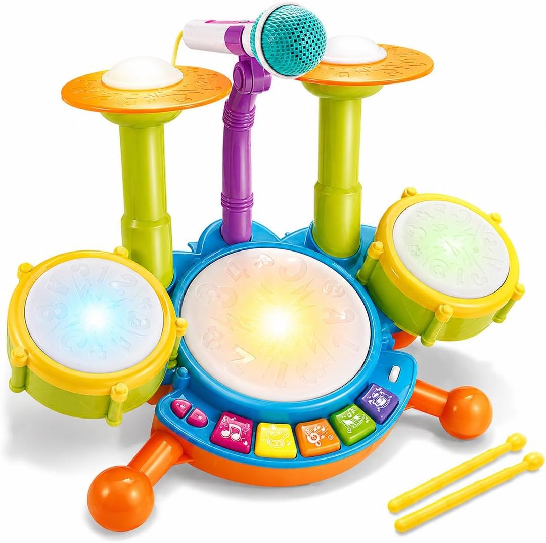 Toddler Drum Set for Toddlers 1-3, Baby Drum Set with Microphone & Lights, Kids Musical Instrument Toy for 1 2 3 Year Old Boys Girls, Birthday Gift, Toddler Music Toy