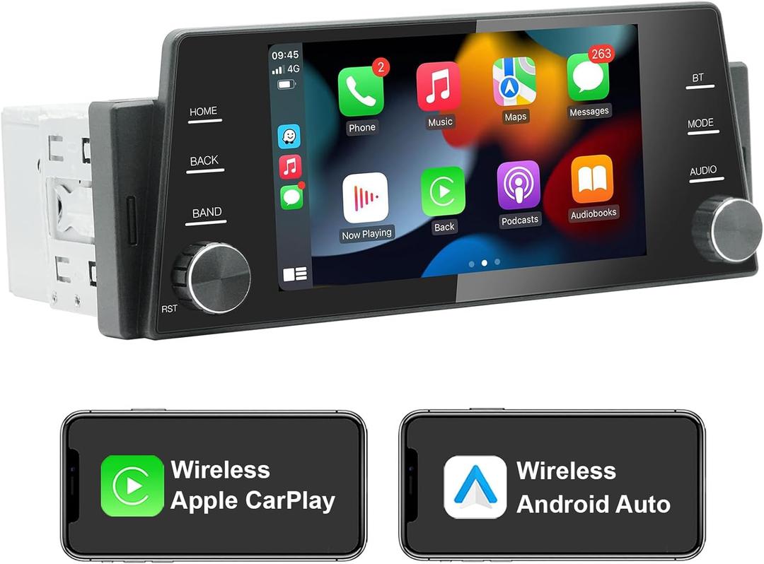 Single Din Touchscreen Radio Wireless/Wired CarPlay & Android Auto, HD IPS Touchscreen Car Stereo Single Din with Bluetooth 5.4, Mirror Link, Volume Knob, FM/SWC/EQ/USB