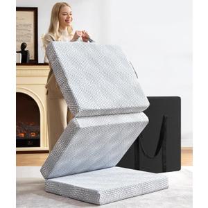 BDEUS Memory Foam Folding Topper 3.95 Inch Small Full Size with Protable Storage Bag, Trifold Topper Soft Guest Mat Floor Mat for Kids Camping Road Trip, Gray, 52 x 73 Inch