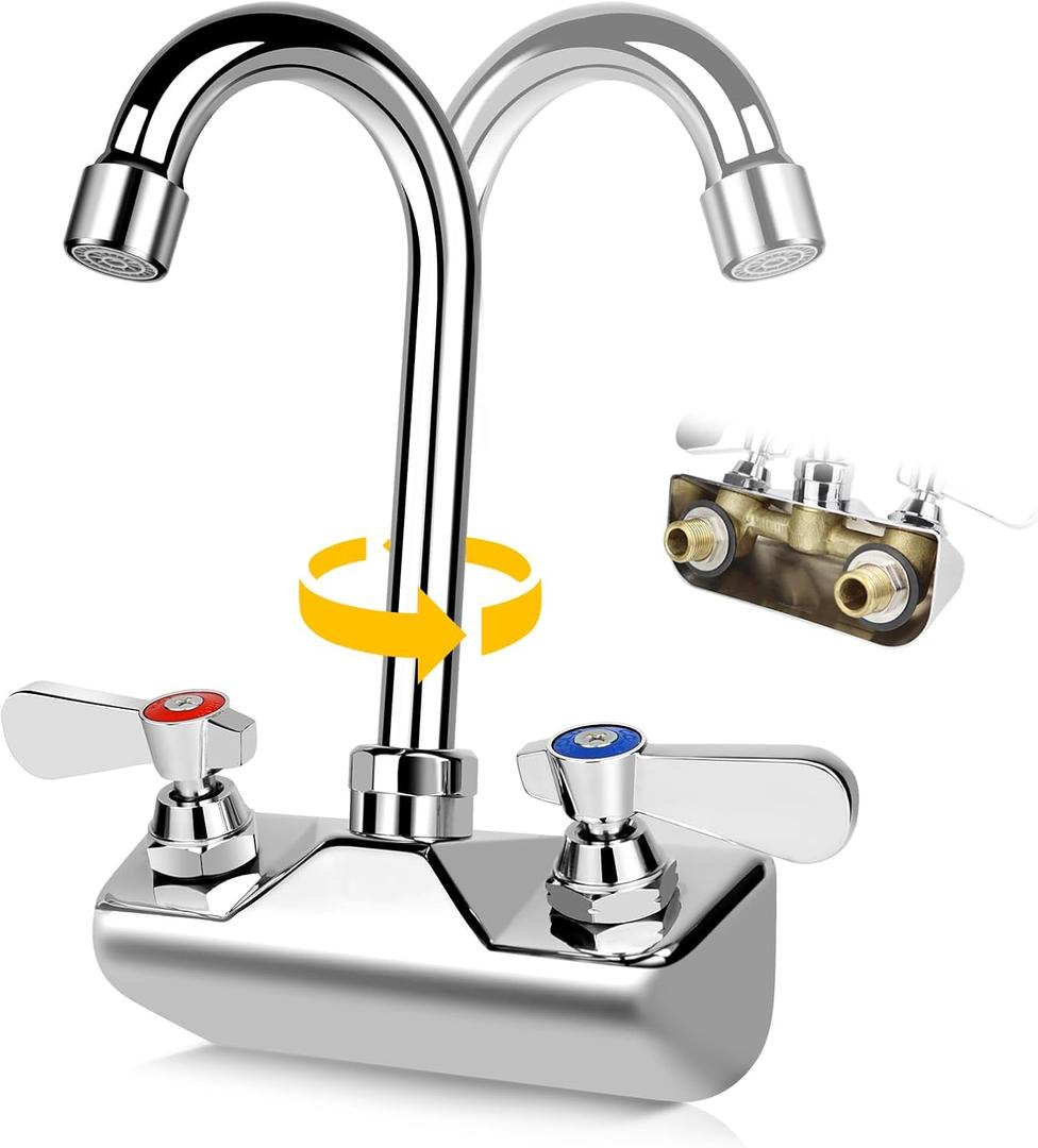 Leak-Free Commercial Hand Sink Faucet, 4 Inch Center Wall Mount Kitchen Sink Faucet for Bar Restaurant, Brass Constructed & Chrome Polished, with 3-1/2" Gooseneck Spout & Dual Lever Handles