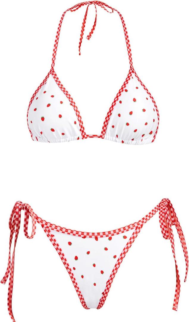 VOLAFA Women's Triangle Bikini Set String Swimsuit Print Tie Smocked Ruched Two Piece Bathing Suit (Size 8)