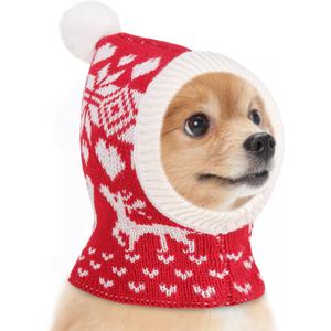 Pawaboo Christmas Pet Hat for Dogs, Funny Knitted Xmas Cap with Pom-Pom, Crocheted Snood Winter Warm Ear Flap Hat, Neck Warmer Hood Scarf for Medium Dogs, Party Decoration Gift, S, Xmas Elk Red