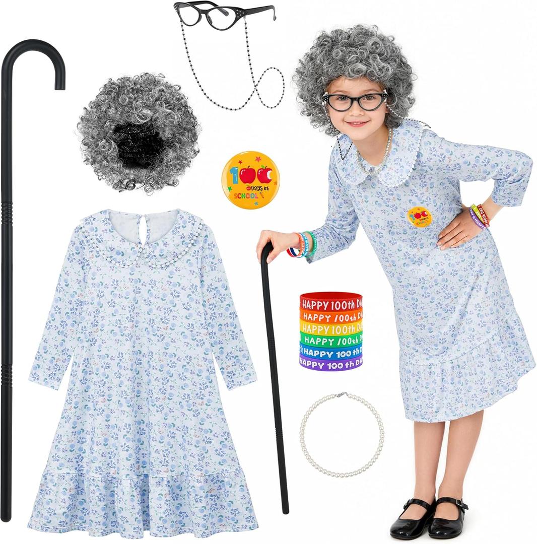 AOTHSO 13 Pieces Old Lady Costume for Kids 100 Days of School Costume with Grey Wig Glasses Cane Necklace for Granny Dress Up (8-10 Years, Light Blue)