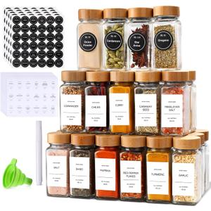 DIMBRAH Spice Jars with Label 24Pcs,Seasoning Containers,Glass Spice Jars with Bamboo Lids,Kitchen Essentials,Spices Container Set,Kitchen Set,Seasoning Organizer,Spice Rack Organizer for Cabinet